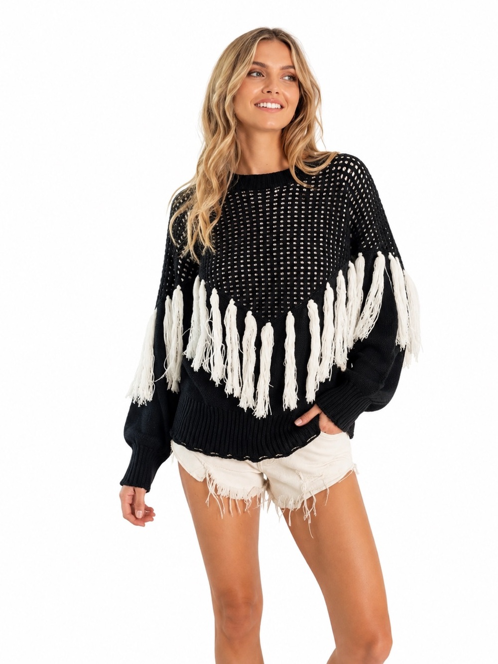 NWT BIBI Size Medium Black and White Fringe Distressed Sweater